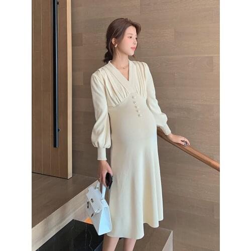 2136# Autumn Chic INs Knitted Maternity Dress Sweet V Neck Slim A Line Clothes for Pregnant Women Winter Pregnancy Sweaters