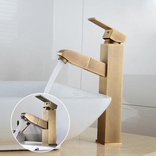 Antique Pull Out Bathroom Sink Faucet Single Handle Spray Sink Tap Hot And Cold Water Crane Deck Mount Square Tall Short Faucet