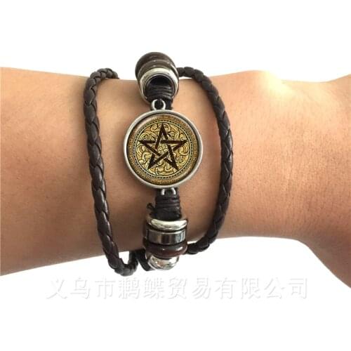 Satanic Pentagram Star Symbols Statement Black/Brown Leather Bracelet Bangle Handmade For Men Women Fashion Jewelry Pagan Gift