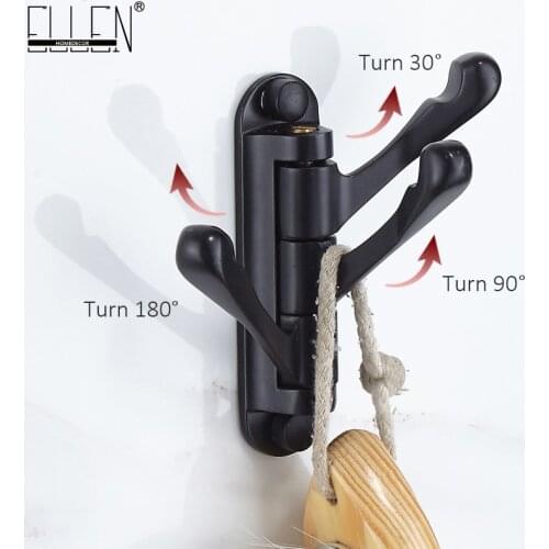 ELLEN Towel Hooks Bath Robe Hooks Black Bathroom Hook Cloth Hanger 360 Spin 3 Hooks EL1016