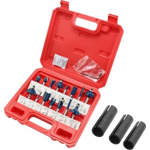 15PCS/Box Woodworking Milling Cutters 1/4"/6.35mm Shank Carbide Router Bit Engraving Cutting Tools + 3PCS Conversion Chuck