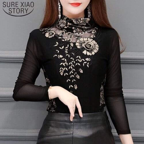 Fashion 2021 Autumn Sexy Long Sleeve Women Mesh Hollow Blouses Solid Floral Ladies Tops Turtleneck Women Tops Plus Size 7691 50