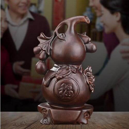 Wood carving gourd decoration large opening wealth living room home decoration office solid wood crafts