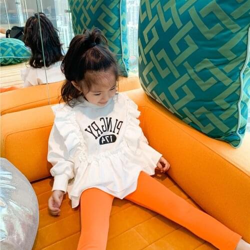 2021 Autumn New Kids Hoodies 3-8 Y Baby Girls Sweet Lace Sweatshirts Letter Print Ruffles Korean Tops For Girls Children Clothes