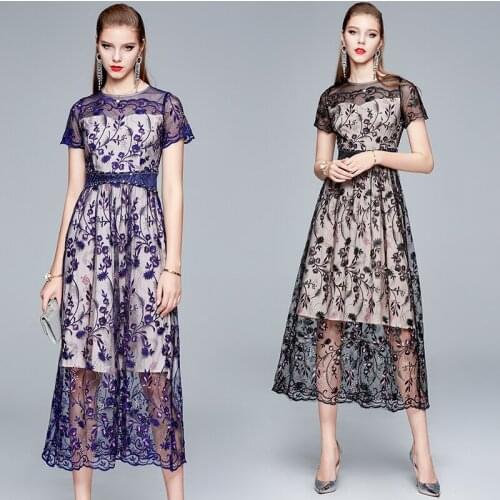 Embroidery Pearl Evening Dresses Long Luxury 2021 Shiny Lace Regular O-Neck Birthday Dress Floral Empire Chiffon Dress Elegant