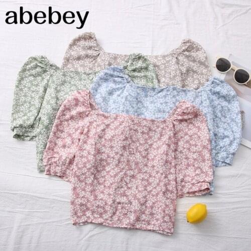 2021 New Spring Summer Korean version fresh floral Square Collar Blouse temperament Puff Sleeve short slim Chiffon Shirt Top