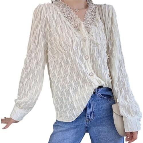 PERHAPS U Women Elegant Causal Chiffon Solid Color Lace Pleated Pearl Button V-Neck Long Sleeve Loose Shirt Blouse Tops B3085