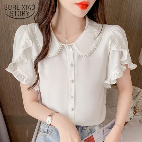 2021 Summer Short Sleeve Women Blouses Casual Office Chiffon Women Shirts Korean Beading Ladies Tops Female Clothing 15050