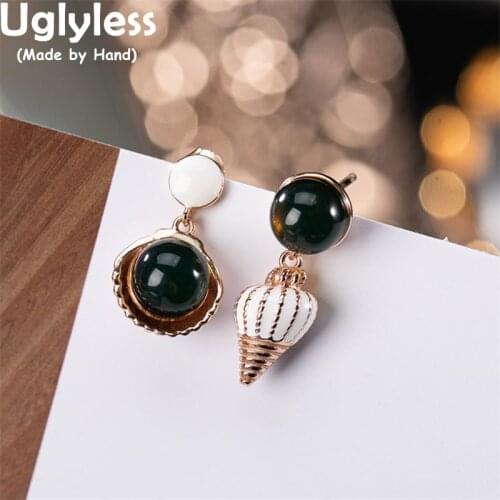 Uglyless Rose Gold Conch Earrings for Women Asymmetric Natural Blue Amber Earrings 925 Silver Lovely Animals Brincos Gemstones