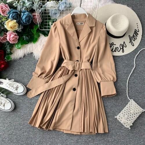 Womens Blazer Dress Pleated Long Sleeve High Waist Belt Tie Solid Lady Elegant Bandage Dresses OL Woman Vestidos Female LS160