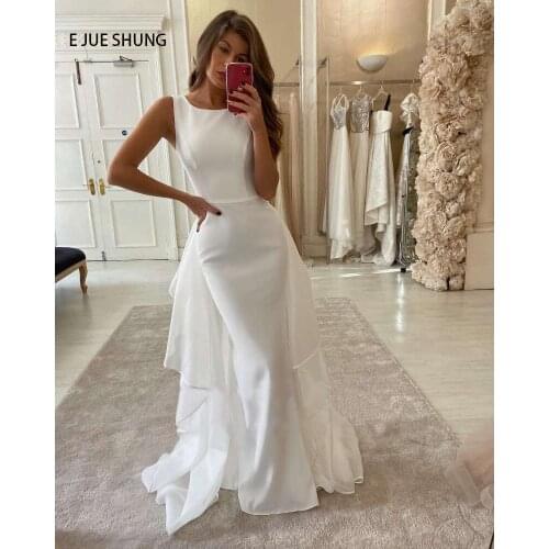 E JUE SHUNG White Detachable Train Mermaid Wedding Dresses Sleeveless Lace up Back Bridal Wedding Gowns