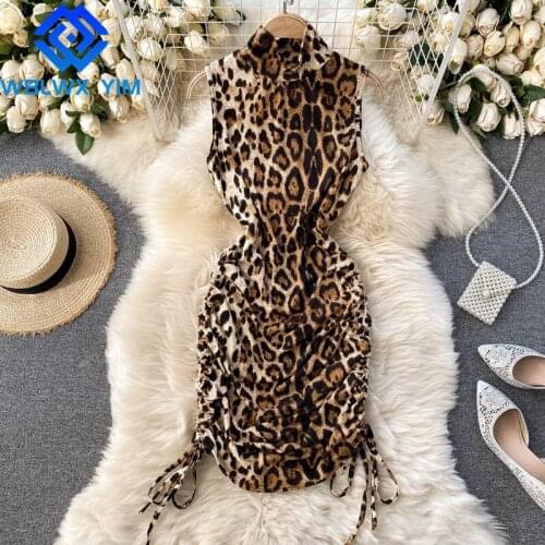 Summer Women Dresses Vintage Leopard Print Drawstring Dress Female Fashion Stand collar Sleeveless Package Hip Dress