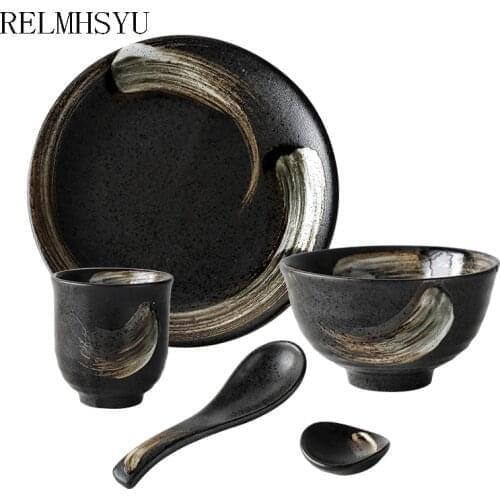 5PCS RELMHSYU Japanese Style Simple Ceramic Bowl Round Dinner Plate For one Person Restaurant Tableware