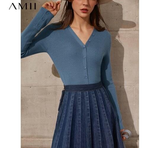 Amii Minimalism Spring Autumn Womens Sweater Tops Causal Vneck Slim Fit Single Breasted Fashion Female Cardigan 12120004