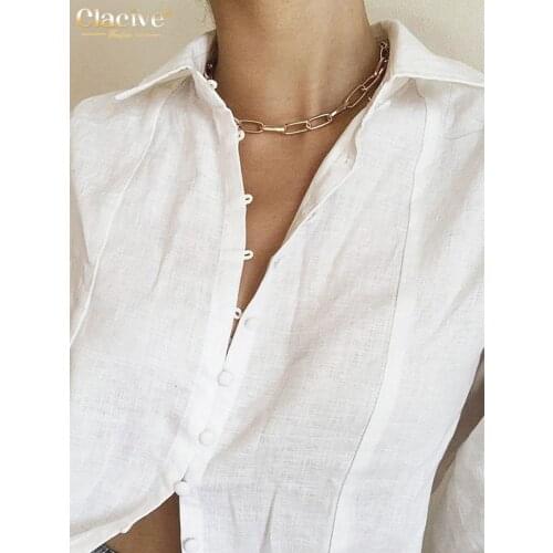 Clacive White Lapel Linen Blouses Casual Loose Long Sleeve Office Women Shirts 2021 Vintage Single-Breasted Fashion Blouse Shirt