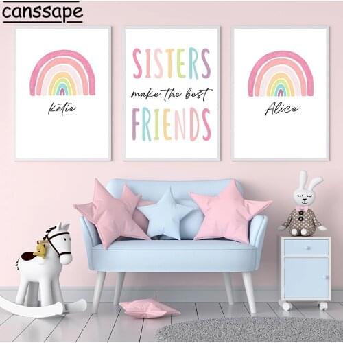 Nursery Wall Art Canvas Painting Custom Name Poster Rainbow Print Sister Posters Nordic Wall Paintings Baby Kids Bedroom Decor