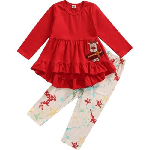 Children Christmas Outfits Girl Clothes Long Sleeve Ruffle Top +Elk Embroidery Trouser Cartoon Print Festive Clothing