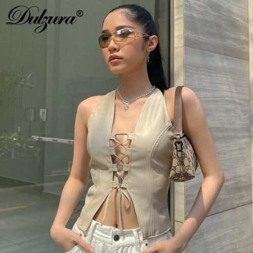 Dulzura Pu Fake Leather Crop Top Tanks Lace Up Cross Hollow Out Bandage Bodycon Sexy Streewear Party Club 2021 Summer Clothes