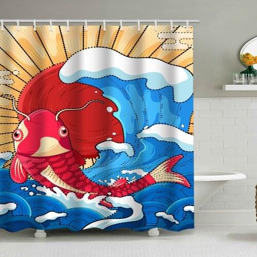 Hot Sale Carp Jumping Longmen Printing Shower Curtain Waterproof Perforated Bathroom Curtain