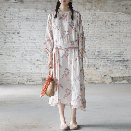 Johnature Women Ramie Dress O-Neck Quarter Sleeve Print Floral Belt Clothing 2021 New Summer Button Vintage Chinese Style Dress