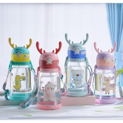 Creative cartoon plastic antlers children bouncing straw cups cute sports outdoor kindergarten water bottle strap water cups