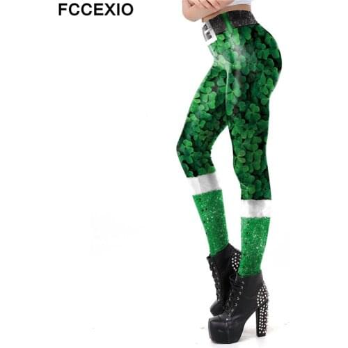 FCCEXIO 6 Colors Green Lucky Clover Leggings Women Patricks Day 3D Printed Leggins Workout Pants Fitness Plus Size Women Legins