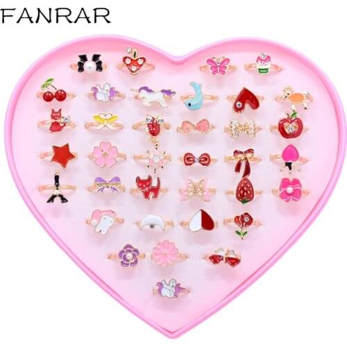 12-36pcs/Box Cute Cartoon Kids Rings Flower Animal Fruit Adjustable Sweet Girls Rings Children Pretend Play and Dress up Rings