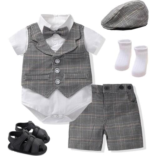 Fashion Baby Boy Suit Graceful Clothes Outfits Set Infant Party Birthday Dresses Newborn Costume Plaid Vest +Romper +Pants +Bow