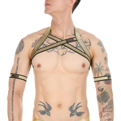 Mens Sexy Bondage Strap With Gold Aluminum Chain Male Chest Harness Hot Clubwear Body Chest Belt