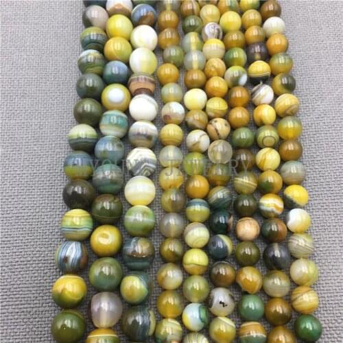 MY0072 Polished Mix Color Striped Lace Agates Stone, Yellow Round Beads,Drilled Beads Strand 15.5 Inch