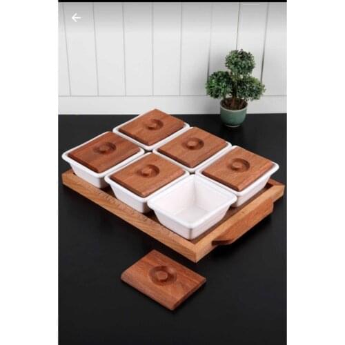 Wooden Tray 6-Piece Breakfast Set with bamboo cover ceramic porcelain luxury practical kitchen presentation ceramik bowl useful