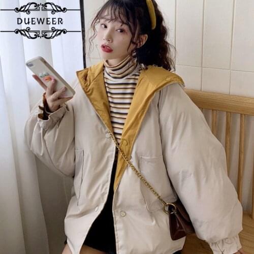 Short Parkas Womens Winter Hooded Women Solid Puffer Chic Polyester-padded Reversible Thick Korean Style Buttons Pockets Fashion