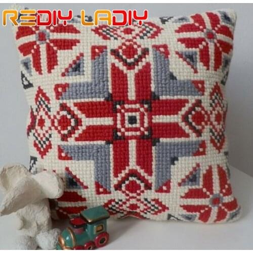 Cross Stitch Cushion Geometric Pattern Chunky Yarn Cross-Stitch Kit Needlework Printed Canvas Pillow Home Decor Arts & Crafts