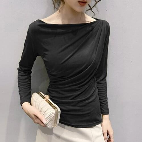 Casual Slash Neck Off Shoulder T Shirt Women autumn Long Sleeve Tee Shirt Female Sexy Asymmetric Slim Solid Ladies Tshirts 2021