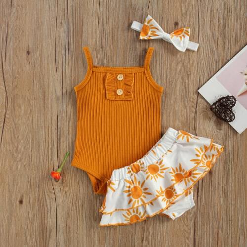 Pudcoco Newborn Baby Girl Clothes Solid Color Sleeveless Romper Flower Print Ruffle Shorts Headband 3Pcs Outfits Newest Summer