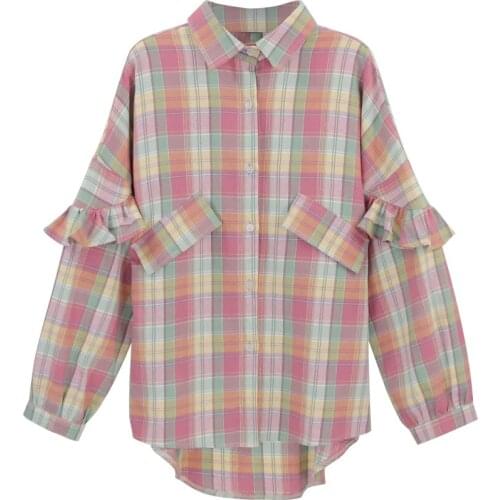 Sen Department Color Mood Rainbow Plaid Sweet Girl Shirt Spring and Autumn 2020 New Loose Mid-length Shirt Women