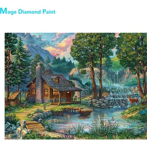 Countryside Lakeside Wooden House Boat Diamond Painting Scenic Round Full Drill DIY Mosaic Embroidery 5D Cross Stitch Landscape