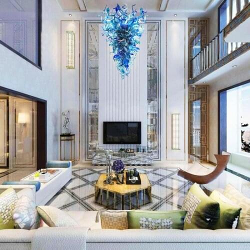 Blue Indoor Hanging Chandelier Lamp Large Long Luxury Modern Style Decorative Hand Blowm Glass Crystal Chandelier Lighting
