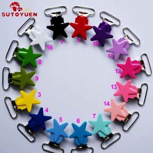 Sutoyuen 1'' 25mm Lead NICKLE Free Star Metal Baby Dummy Pacifier Holder Chain Clips Suspender Soother Plastic insert clip 16pcs