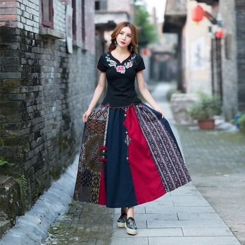 Vintage Long Skirt Asymmetrical Patchwork Women Clothes 2021 New Autumn National Style Leisure Loose Cotton Women Skirts 12175