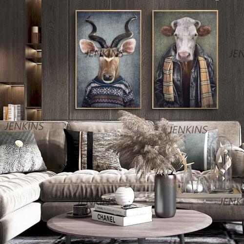 Vintage Nordic Art Animals In Suit Canvas Paintings On The Wall Art Posters and Prints Tiger In Human Clothes Canvas Pictures