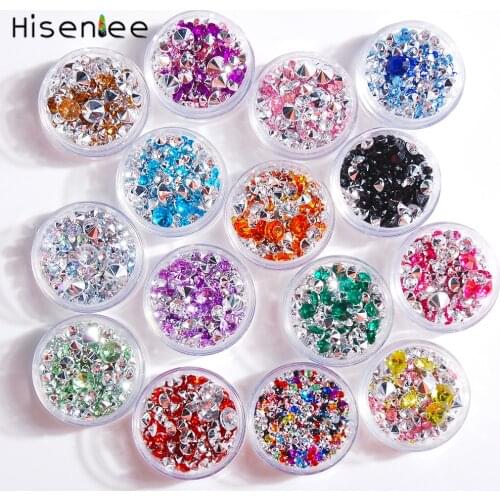 High quality 15 patterns multi-size acrylic sharp bottom pointing back mixed color rhinestones 3D manicure DIY decoration