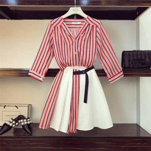 High Quality Women Off Shoulder Striped Blouse Shirts+High Waist Button Mini Skirts 2 Pieces Clothing Set Suits