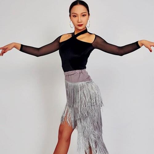 Womens Latin Dance Clothes Sexy Tops Silver Fringe Skirt Suit Samba Salsa Cha Cha Tango Dance Wear Practice Outfit DNV14181