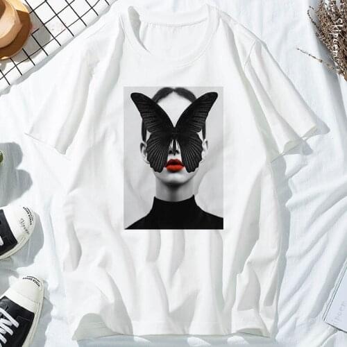 ％ 100 Puur Katoen Sexy Lady Feather Butterfly T-shirt Lady Koreaanse Tumblr Esthetische Korte Mouw Grote Maat Puur Katoenen Top