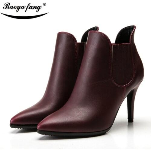 BaoYaFang Womens Winter Boots leather ankle boots woman 9cm thin heels pointed toe Boots High quality Womens shoes short Plush