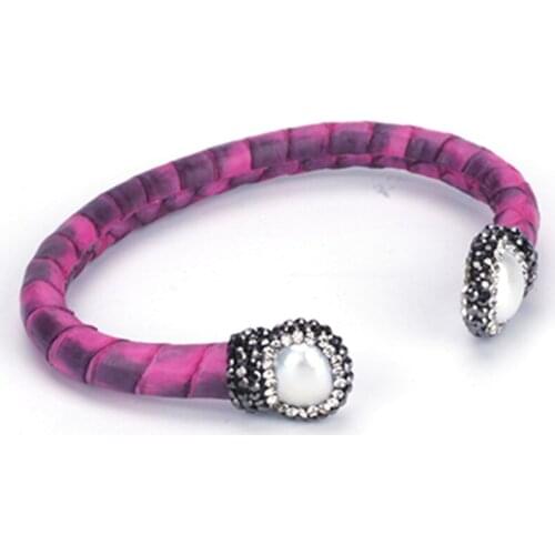 Irragular Natural Freshwater Pearl Rhinestone Charm Jewelry Hot Rose Pink Real Leather Wrap Open Bracelet Cuff Bangle for Women