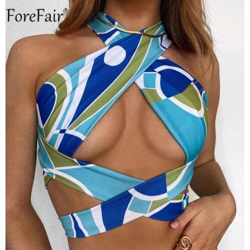 Forefair Summer Sexy Beach Crop Top Halter Neck Hollow Out Off Shoulder Bandage Print Women Blue Y2k Tank Tops Fashion 2021