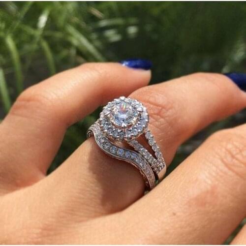 2Pcs/set Exquisite Inlaid Crystal Zircon for Women Wedding Rhinestone Ring Bohemian Crystal Bezel Fashion Ring