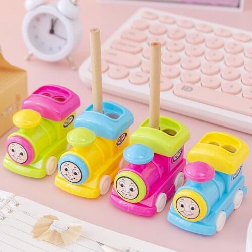2pcs/Set Creative Cartoon Train Shape Pencil Sharpener Plastic Kawaii Machine Cutting Student School Office Stationery For Kids